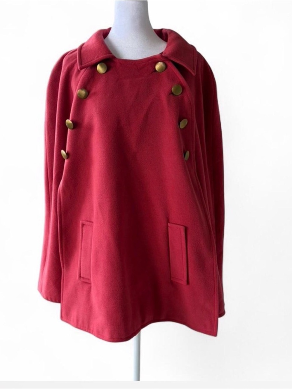 Joan Rivers Crimson Red Double-Breasted Wool Cape with Gold Buttons